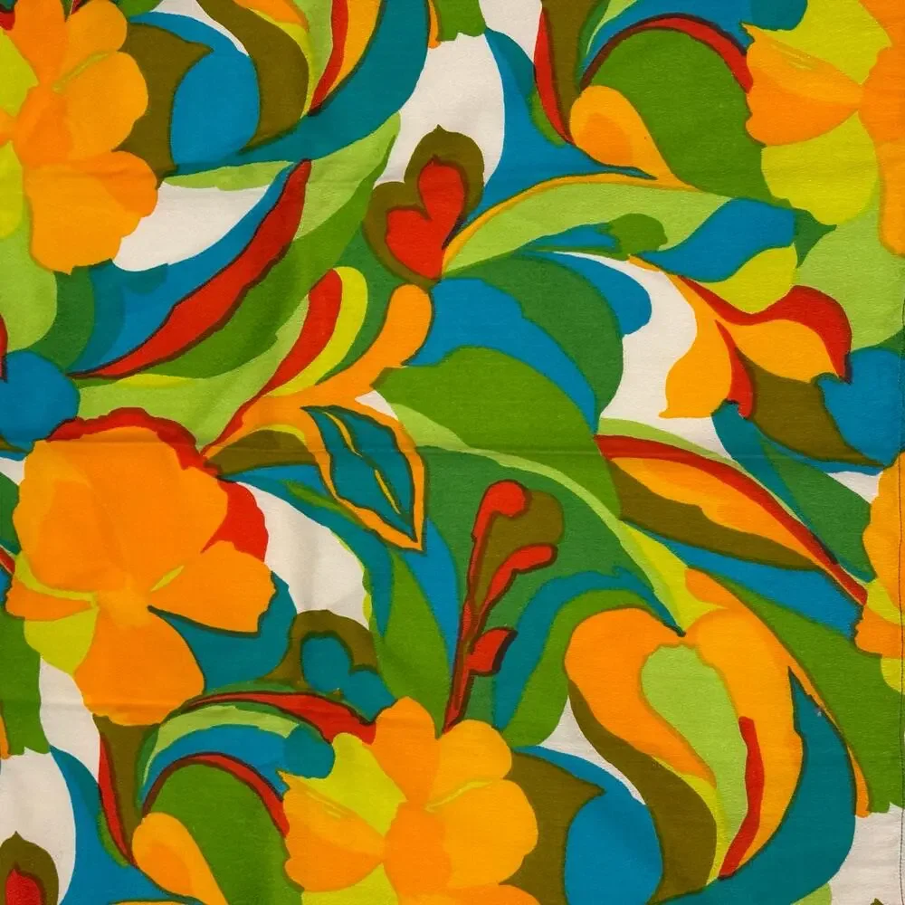 Colorful Floral Window Panels Set of 2 Orange Blue Green 27x40 Handmade Retro